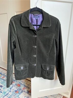 Lands' End Olive Green Fine Corduroy Button Up Blazer Jacket Polka Dot Lining S
